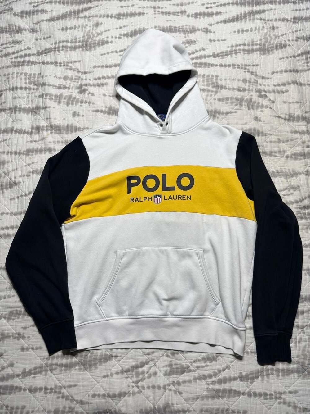 Polo Ralph Lauren Colorblock Spellout Fleece Hoodie White Black Yellow Large